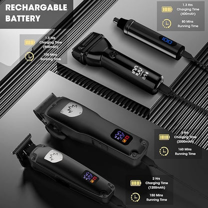 Karrte Professional Hair Clippers and Trimmer Set for Men, T-Shaper Trimmer & Foil Shaver, Nose & Ear Hair Trimmer, Cordless Clippers and Grooming Set, Hair Cutting Kit with LED Display Black
