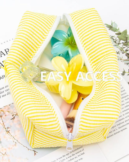 PAZIMIIK 6PCS Cozy Makeup Bag Small Aesthetic Travel Zipper Cosmetic Pouch for Women Make Up Beauty Accessories Brushes, Stripe Yellow
