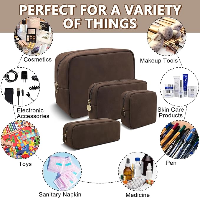 Small Makeup Pouch for Purse, Suede Travel Toiletry Storage Pouch Cute Preppy Cosmetic Bag for Women Girls, Waterproof Makeup Organizer Skincare Bag Purse with Zipper (Small-Coffee)