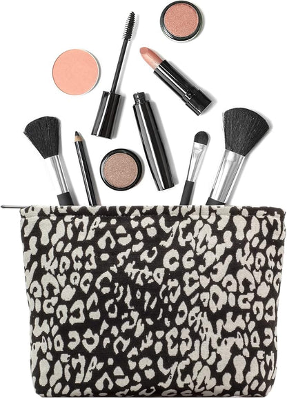 Makeup Bags for Purse Zipper Cosmetic Pouch Large Travel Canvas Make Up Organizer Tool Pouch for Women and Girls,Leopard Black