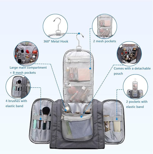 Hanging Toiletry Bag for Men, Travel Makeup with Metal Swivel Hook, Organizer for Full Sized Cosmetics and Toiletries, Water-Resistant Nylon, Grey