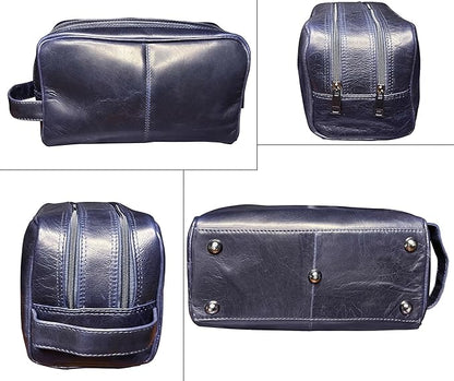 RUSTIC TOWN Leather Toiletry Bag for Men - Travel Shaving Ditty Kit - Bathroom Shower Toiletries Organizer - Leather Cosmetic Bag for Women (Oxford Blue)
