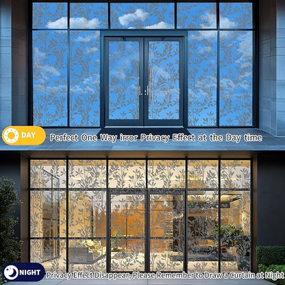 One Way Privacy Film, Window Tint for Home,Daytime Reflective, Anti UV Static Cling Sliding Door Coverings No Glue Garage Solar Paper (Black - Silver-Leaves, 23.6 x 78.7 in)