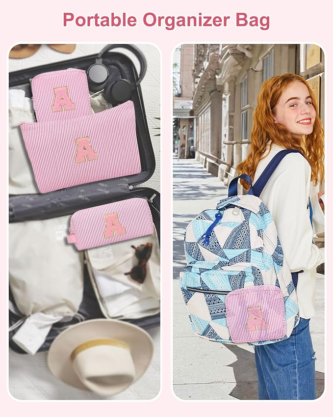MONSTINA Travel Makeup Bags for Women,Make Up Pouch for Girlfriend Bridesmaid Wife,Birthday Gift for Her Cute Monogram Cute Initial Toiletry Bag Set,3PCS Pink H