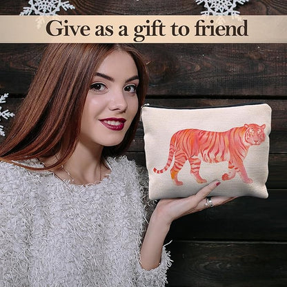 Preppy Tiger Makeup Bag, Trendy Pink and Orange Tiger Cosmetic Bags for Women, Tigers Gifts Makeup Pouch, Animal Lovers Gift Zipper Pouch
