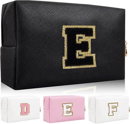 Personalized Initial Letter Patch Makeup Bag, Preppy Portable Chenille Cosmetic Bag with Zipper, PU Leather Waterproof Travel Toiletry Bag Monogram Make Up Pouch for Women Girls