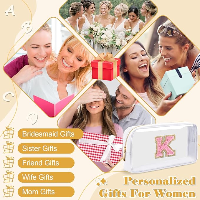 Personalized Initial Letter Clear Makeup Bag,Preppy Small Nylon&PVC Cosmetic Zipper Bag with Chenille Letter,Travel Skincare Toiletry Bag,Monogram Christmas Gift for Teen Girls Women,K