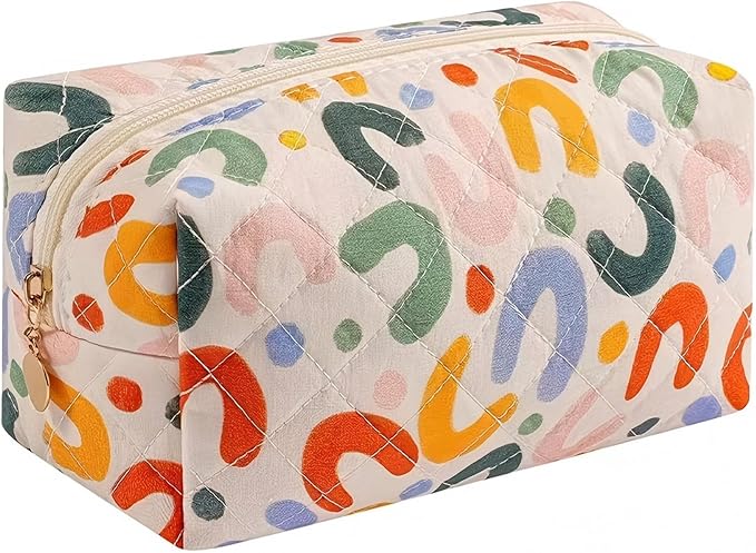 Floral Cotton Makeup Brush Cosmetic Bag for Women, Travel Quilted Zipper Pouch, Large Capacity Flowers Toiletry Organizer, Kawaii Makeup Storage Case, Cosmetic Travel Cloth Bag-Colorful