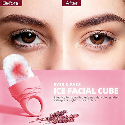 3 Pcs Facial Ice Roller Silicone Mold Reusable for Face Women and Eye Neck Cold Skin Care Tools Freezer De Puff Eyes Bags Reduce Migraine Pain Pink