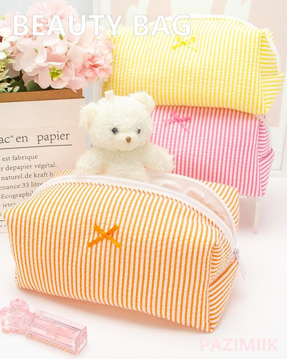 PAZIMIIK 6PCS Cozy Makeup Bag Small Aesthetic Travel Zipper Cosmetic Pouch for Women Make Up Beauty Accessories Brushes, Stripe Orange