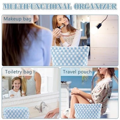 ZLFSRQ 3Pcs Checkered Makeup Bag for Women Large Small Checkered Cosmetic Bag Set Aesthetic Preppy Pencil Case Cute Pencil Pouch Blue Makeup Pouch for Purse Travel Toiletry Bags Zipper Skincare Bags