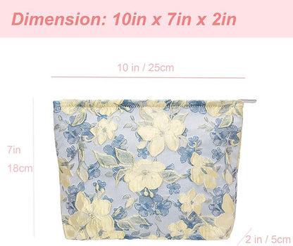 PAZIMIIK Makeup Bag Large Cotton Zipper Pouch for Purse Travel Canvas Make Up Organizer for Women Cosmetic,Brocade Blue