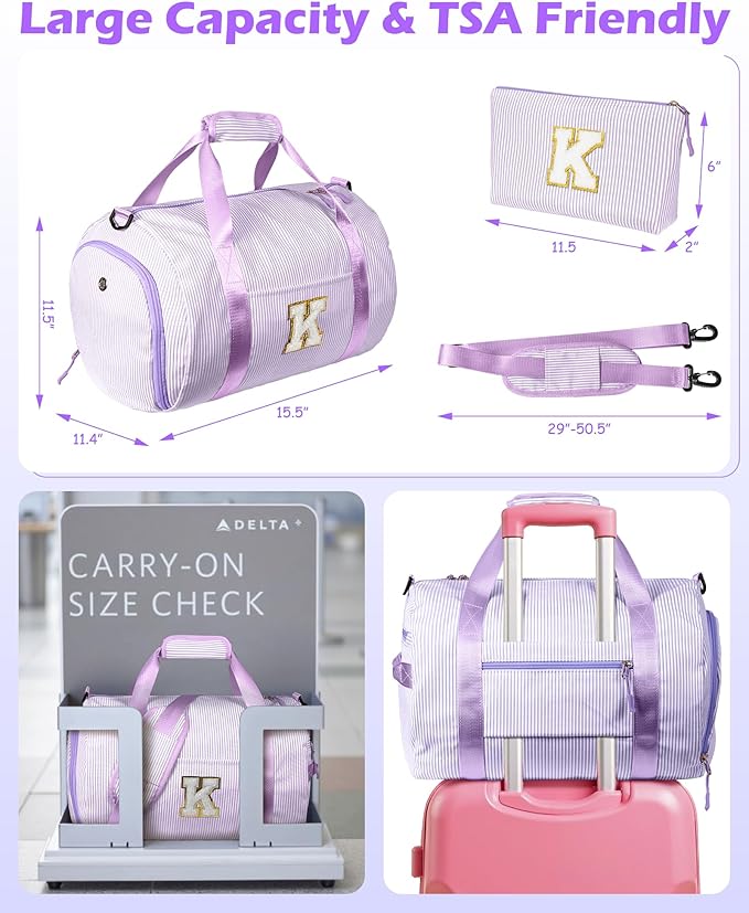 Christmas Gifts for Teen Girls, Girls Travel Duffle Bag, Kids Initial Overnight Duffel Bags with Shoe Compartment, Personalized Dance Bag with Cosmetic Pouch, Gift for Tween (Letter V)