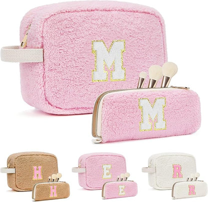 2PCS Makeup Bag with Initials, Christmas Day Gifts for Teen Girls Trendy Stuff, Personalized Cosmetic Travel Bag Pouch for Granddaughter, Cute Plush Make up Bags for Birthday - Pink M