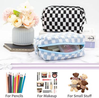 PAZIMIIK Checkered Makeup Bag for Purse Portable Zipper Make Up Pouch Small Cosmetic Case for Travel Accessories (6PCS Blue)