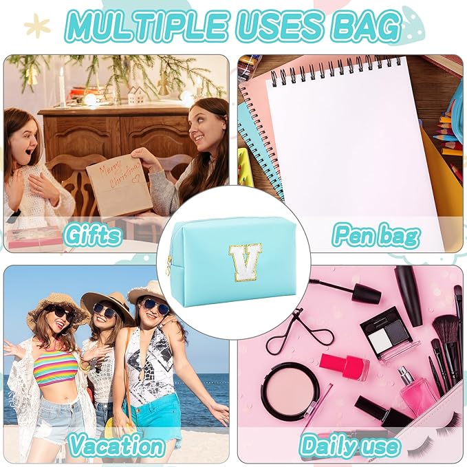 Gifts for Girls Initial Makeup Bag Personalized Cosmetic Bag with Zipper Cute Travel Toiletry Bag Waterproof PU Preppy Makeup Pouch Birthday Gift for Teen Girls Women(Blue V)