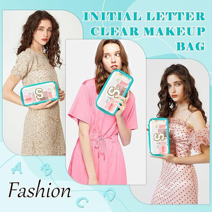 Personalized Initial Letter Clear Makeup Bag,Preppy Small Nylon&PVC Cosmetic Zipper Bag with Chenille Letter,Portable Beach Travel Skincare Toiletry Bag,Trendy Monogram Gift for Teen Girls Women,S