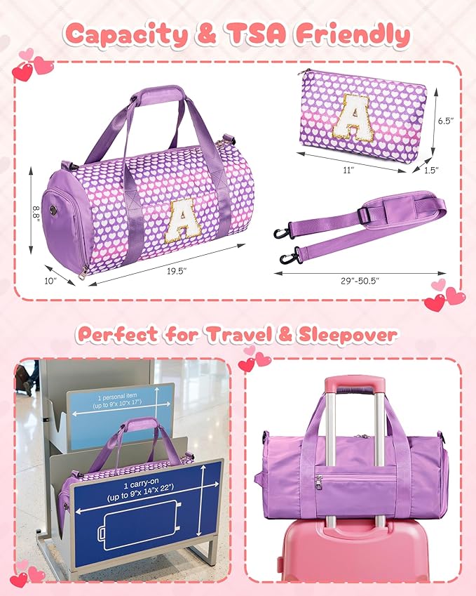 8 Year Old Girl Birthday Gift, Girls Travel Duffel Bag, Kids Initial Overnight Bags with Shoe Compartment, Personalized Gym Ballet Dance Bag with Makeup Pouch, Christmas Gifts (Letter H)