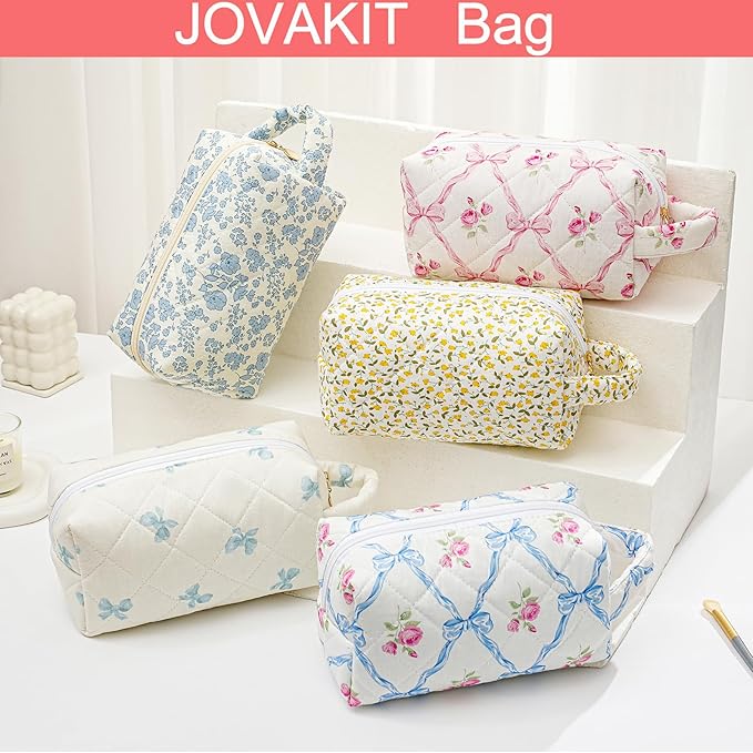JOVAKIT Travel Makeup Bag Cosmetic Bag for Women, Christmas Gifts, Small Floral Flowers Coquette Toiletry Bag with Handle, Zipper Make Up Pouch Organizer Bag Trendy Stuff (Pink Bowknot)