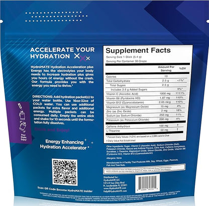 HydroMATE Electrolytes Powder Drink Mix Packets Hydration Accelerator Low Sugar Rapid Party Relief Recovery Vitamin C Plus Caffeine Grape Pack 30 Count