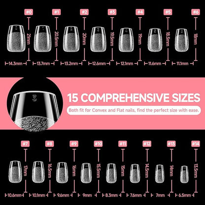 UNA GELLA Gel Nail Tips Coffin Short: 330PCS Pre-Etched Clear Coffin Acrylic Nail Tips Stronger for Press On Nails Salon, 15 Sizes Nail Extensions