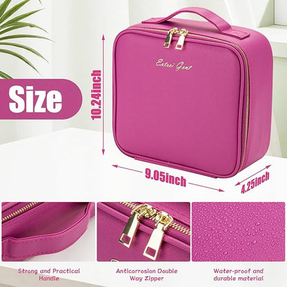 Makeup Travel Train Case with Mirror LED Light 3 Adjustable Brightness Large Cosmetic Bag Portable Storage Adjustable Partition Waterproof Makeup Brushes Make up Jewelry Gift for Women