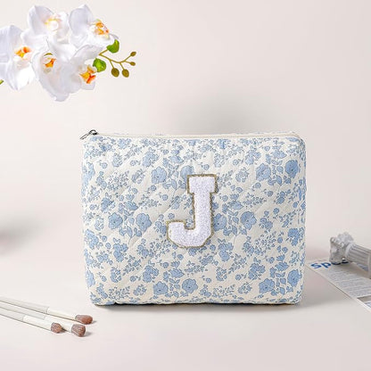 Alphabet Makeup Bag Cosmetic Bag for Women, Christmas Gifts for Age 11-18, Personalized Floral Coquette Travel Bag, Trendy Stuff Zipper Make Up Pouch Organizer Bag (Blue Floral J)
