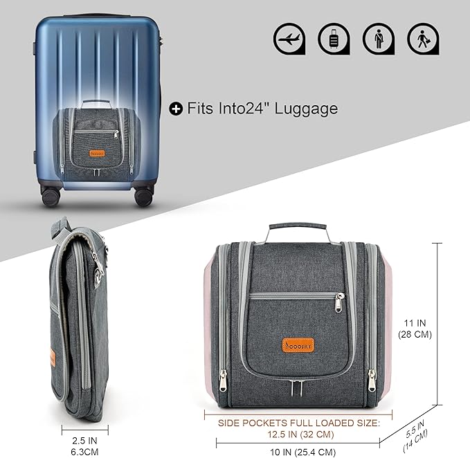 Hanging Travel Toiletry Bag for Women and Men, 6 Organizer Compartments, Extra Large Toiletries Bag, Bathroom Cosmetic Bag, Water-resistant Makeup Bag, Holds Full-Size Shampoo, Grey