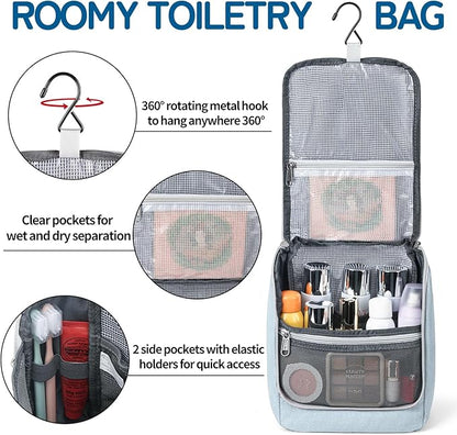 Della Gao Travel Toiletry Bag, Hanging Toiletry Bag for Men and Women, Water-resistant Makeup Bag Cosmetic Toiletries Organizer, Bathroom Bag, Sturdy Nylon, Light Blue