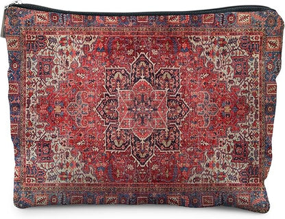 Traditional Red Rug Style Makeup Bag, Vintage Ethnic Pattern Cosmetic Bag Gifts for Women Friends, Boho Tapestry Pouch
