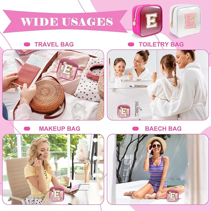 Personalized Initial Letter Clear Preppy Makeup Bag,Mini Nylon Chenille Letter Cosmetic Bag Cute Zipper Pouch Coin Purse for Teen Girls,Portable TSA Approved Travel Essentials Bag Gift for Women,E