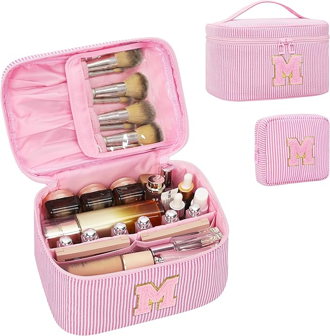 Mom Gifts for Mom, Personalized Initial Makeup Bag Cosmetic Bags for Women Cute|Makeup Pouch Birthday Gifts for Mother,Birthday Gift for Her Cute Toiletry Bag,2PCS Pink M