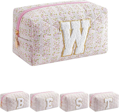 JOVAKIT Alphabet Makeup Bag Cosmetic Bag for Women, Christmas Gifts for Girls Age 6-18, Floral Flowers Coquette Travel Toiletry Zipper Make Up Pouch Organizer Trendy Stuff (Pink Floral W)