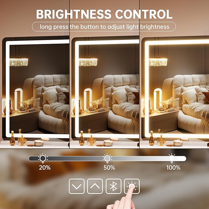 Hasipu Vanity Mirror with Lights and Bluetooth Speaker, 41.3" x 29.5" LED Makeup Mirror, Lighted Makeup Mirror with Dimmable 3 Modes, Touch Screen Control Vanity Mirror Round White