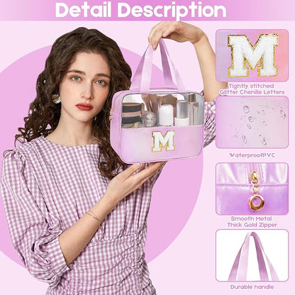 Personalized Initial Clear Makeup Bag Purple Cosmetic Bag Set Large Travel Toiletry Bag, Cute Clear Make Up Bags Organizer Bag for Girlfriend Teacher Gifts Teen Girl Gifts Trendy Stuff E (Purple)