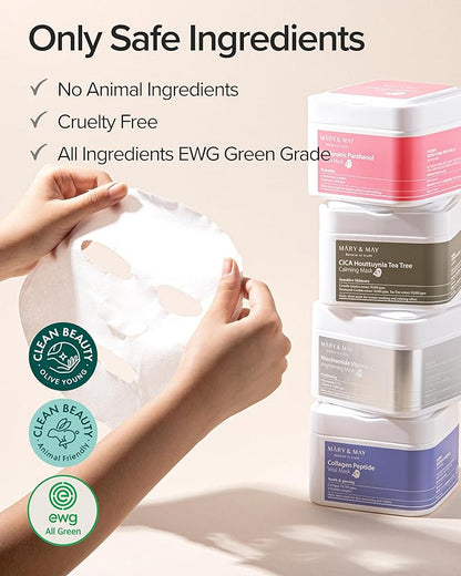 Mary&May Collagen Peptide Vital Mask | 30 Sheets | Daily Korean Face Mask | Firming & Wrinkle Care | Pore Minimizing & Elasticity Boost | Collagen & 6 Peptides for Glass Skin