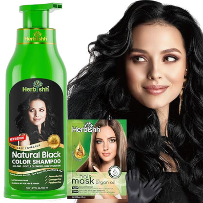 Herbishh Hair Color Shampoo for Gray Hair – Natural Hair Dye Shampoo – Colors Hair in Minutes – Lasts Up To 3-4 Weeks – 500ML – 3-In-1 Hair Color – Colors, Cleanses, and Conditions (Black)