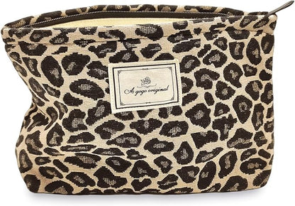 STARDW Leopard Makeup Bag Organizer Cosmetic Bags for Women and Girls,Travel Toiletry Bag Large Capacity Canvas Makeup Zipper Pouch, Purse Organizer Pouches (Brown Leopard)