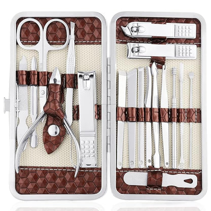 Nail Clippers Set 18 Pieces Stainless Steel Manicure Kit, Professional Grooming Kits, Nail Care Tools with Luxurious Travel Case