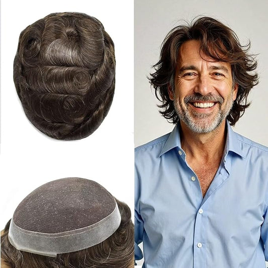 FACE MIRACLE Toupee for Men French Lace Hairpiece Human Hair Replacement System Skin PU Mens Toupee Hair Wigs for Man V-Looped Front Hair Prosthesis 6"X8" #310 Dark Brown with 10% Gray