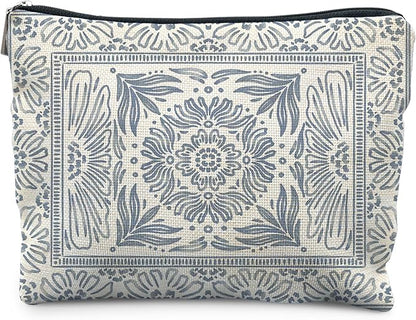 Light Blue Floral Makeup Bag - Vintage Moroccan Tile Chinoiserie Boho Blue Floral Cosmetic Bag