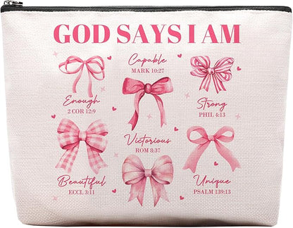 God Says I Am Makeup Bag, Pink Coquette Bow Bible Verse Cosmetic Bag, Inspirational Christian Gifts for Women, Religious Faith Based Gifts Inspirational Affirmations Gift Bag