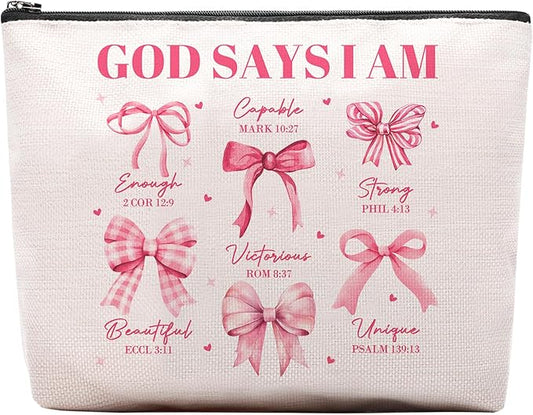 God Says I Am Makeup Bag, Pink Coquette Bow Bible Verse Cosmetic Bag, Inspirational Christian Gifts for Women, Religious Faith Based Gifts Inspirational Affirmations Gift Bag