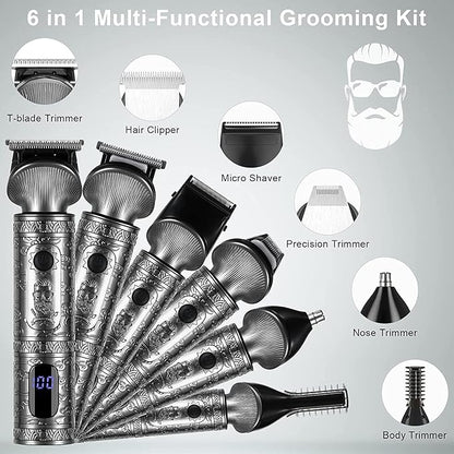 Hatteker Beard Trimmer Kit for Men Professional Hair Clipper T-Blade Beard Hair Shaver Nose Trimmer Hair Cutting Kit Body Grooming Kit Cordless 6 in 1