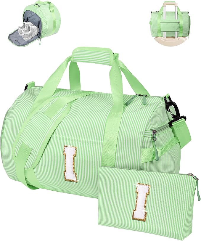 Party Favors for Teenager, Girls Travel Duffle Bag, Kids Initial Overnight Bags with Shoe Compartment, Personalized Weekend Bag with Makeup Pouch, Dorm Room Essentials (Letter I)