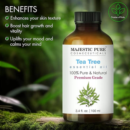 Majestic Pure Tea Tree Essential Oil with Glass Dropper - 3.4 Fl Oz - 100% Pure and Natural Tea Tree Oil - Premium Grade Essential Oils for Diffuser, Aromatherapy, Soap and Candle Making
