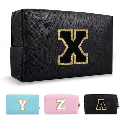 Personalized Initial A-Z Preppy Patch Makeup Bag,Small PU Chenille Letter Cosmetic Bag with Zipper for Teen Girls,Black Cute Toiletry Organizer Bag,Monogram Makeup Case Gift for Women Girls,Letter X