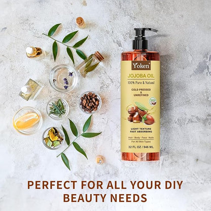 32 fl oz (EWG Verified) 100% Pure Jojoba Carrier Oil - Unrefined, Hexane-Free, Cold Pressed for Skin, Face, Hair, Nails, and Massage