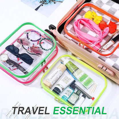 Hoolerry 4 Pcs Hard Clear Zipper Case Makeup Bags Plastic Pencil Pouch Transparent Storage Box Containers for Cosmetics, Snacks, Building Blocks, Puzzles(Fluorescent,9.8 x 7.9 x 2 in)