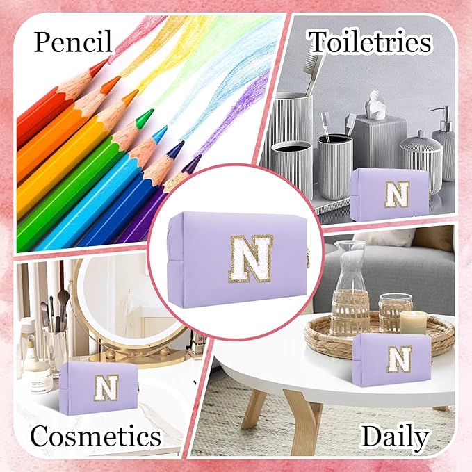 Small Personalized Letter Makeup Bag, Cute PU Leather Chenille Letters Cosmetic Bag Travel Makeup Pouch, Preppy Travel Organizer Zipper Pouch for Women&Girls（Purple-N）